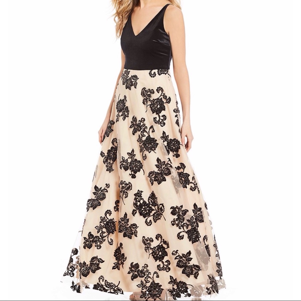 V-Neck Velvet Bodice Flocked Skirt Long Dress